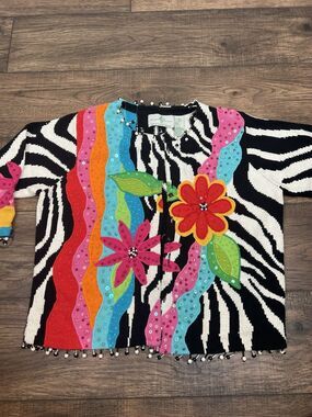 Cardigan Sweater Tropical Floral Bright Zebra Fun Embellished  Sz L